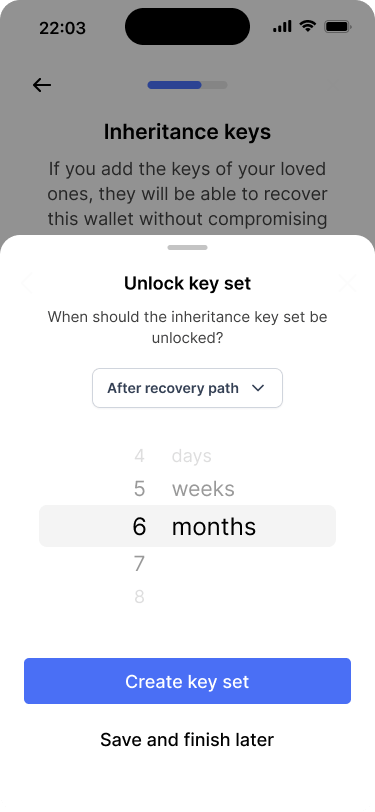 Screen that lets users define, when the inheritance key set should be unlocked.