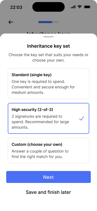 Screen letting users choose from different configurations for the inheritance key set.